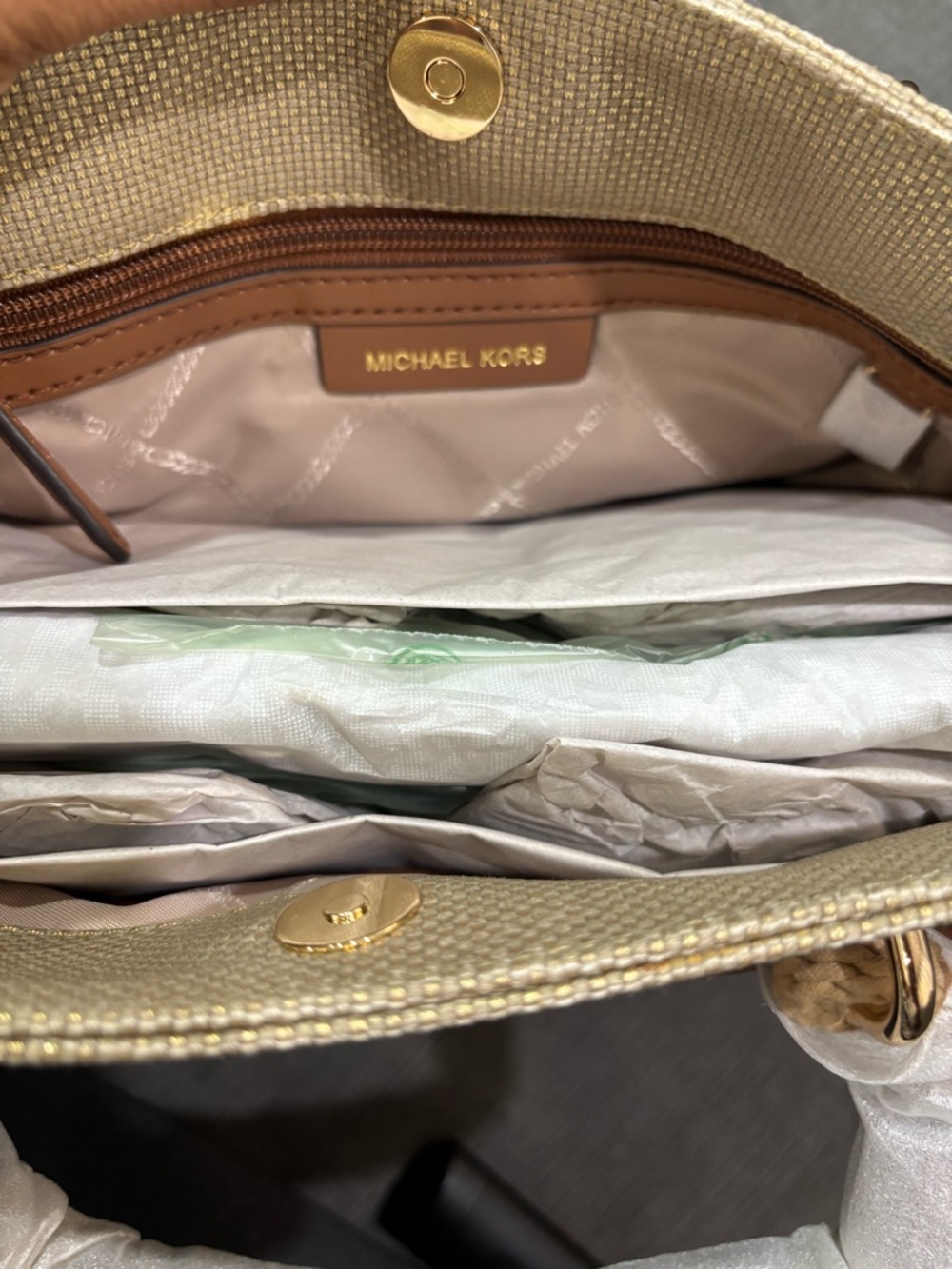 Michael Kors Talia Small Grab Natural Canvas Tote in Pale Gold with Brown Trim - Picture 6 of 6